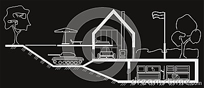 Linear architectural sketch cottage section with underground hidden tank in basement on black background Vector Illustration
